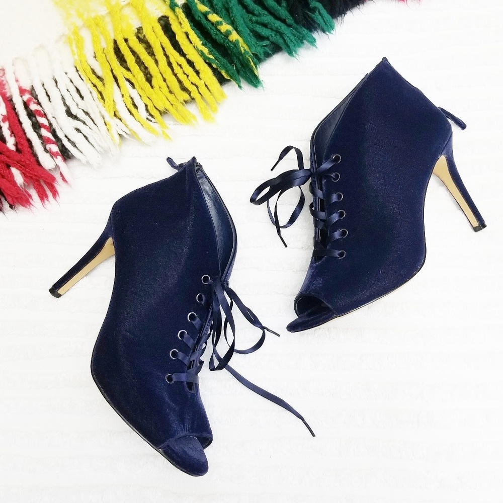 WHBM Blue Velvet Lace-Up Peep Toe Booties Size 9